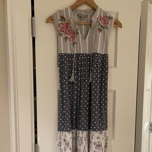 April Cornell Gray and White Polka Dot Maxi Dress with Pink Floral Embroidery